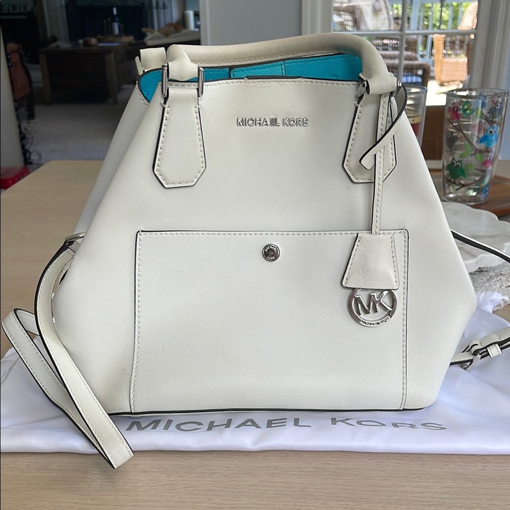 Michael Kors White Satchel with Gold-Tone Hardware and Structured Design